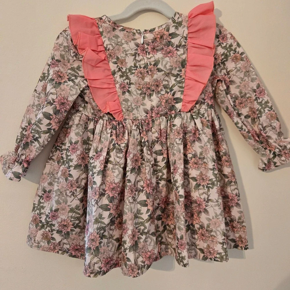 Dolly Wears Toddler Girls Floral Ruffle Dress Pink Rose Long Sleeve 18-24 Months